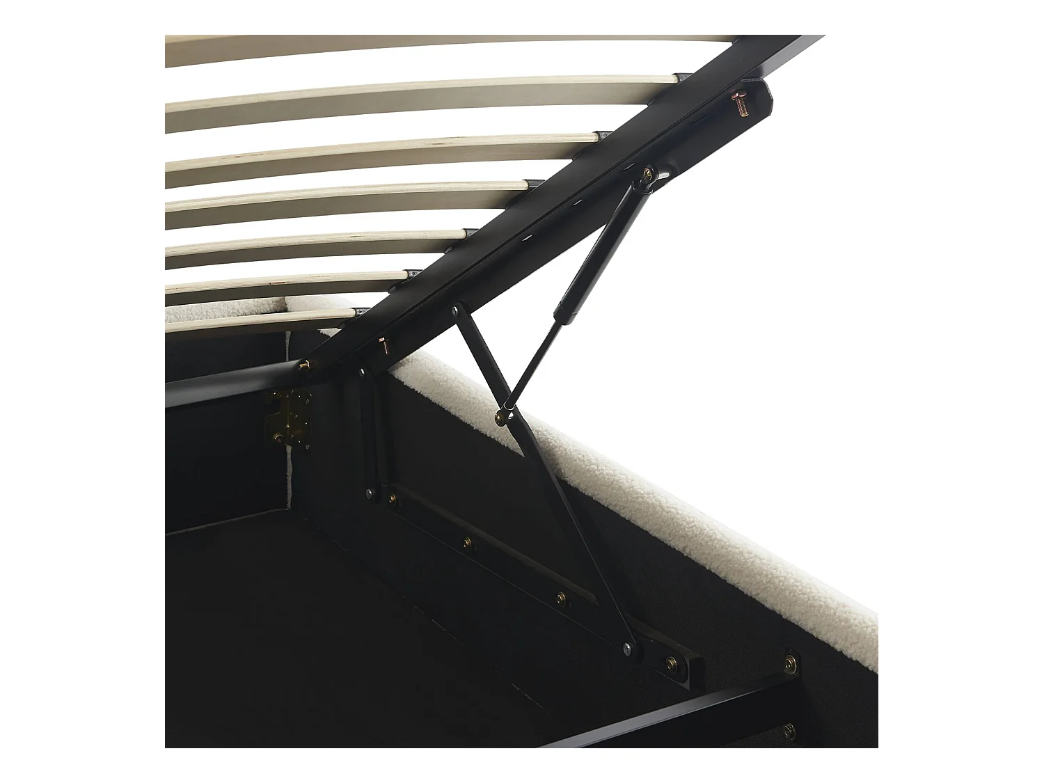 Struttura letto con contenitore e rete a doghe, imbottita bouclé