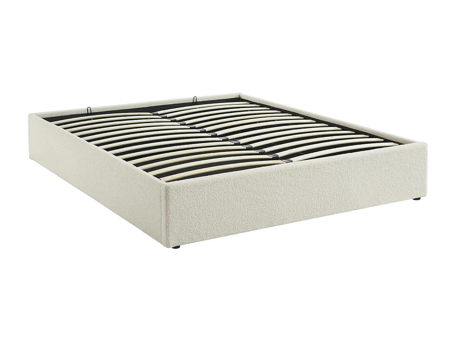 Struttura letto con contenitore e rete a doghe, imbottita bouclé