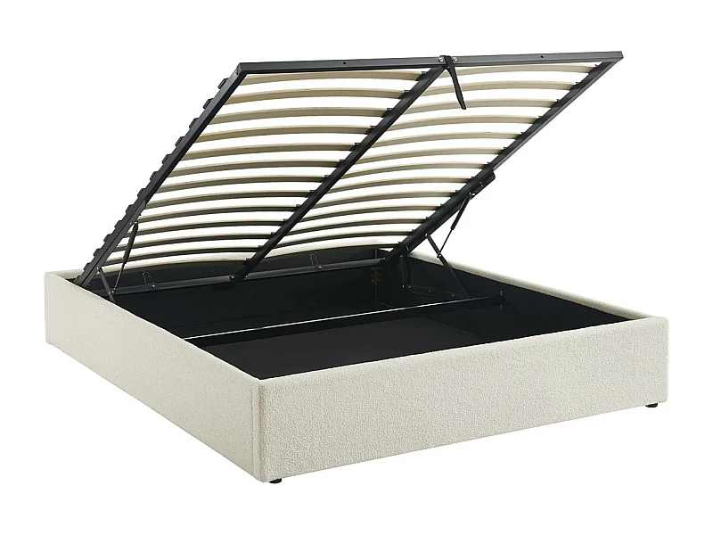 Lit coffre avec sommier à lattes. finition bouclette. blanc. L 213 x P 166.5 x H 32cm