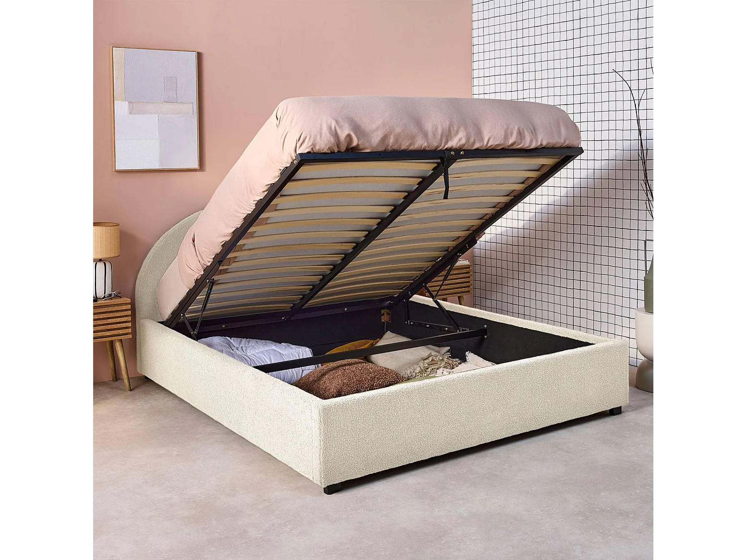 Cama con somier abatible y cabecero 140cm, acabado en borreguito