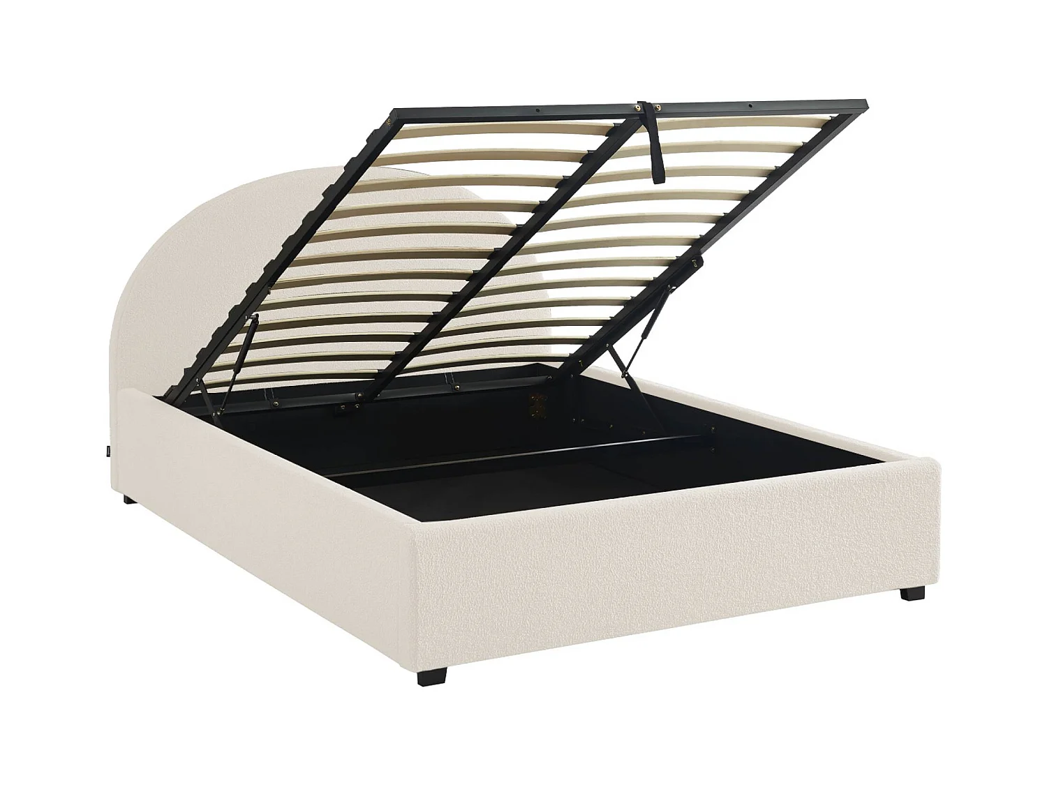 Lit coffre avec sommier à lattes et tête de lit. finition bouclette. blanc. L 206 x P 153.5 x H 102cm
