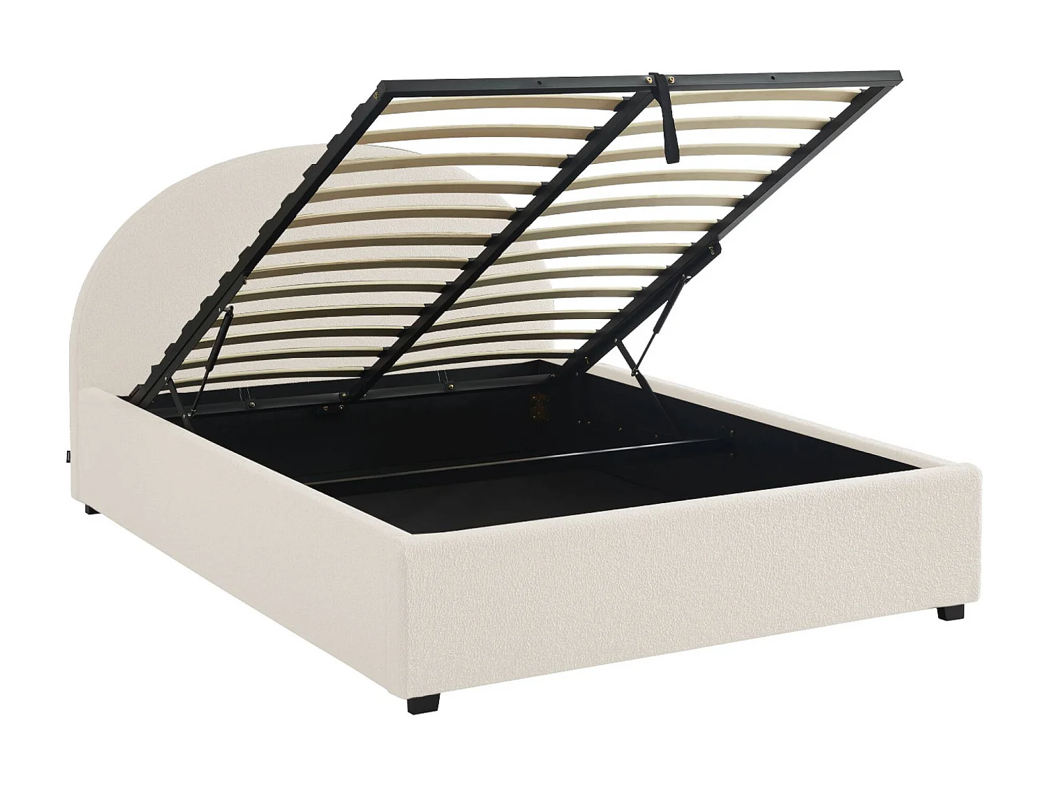 Lit coffre avec sommier à lattes et tête de lit. finition bouclette. blanc. L 206 x P 153.5 x H 102cm