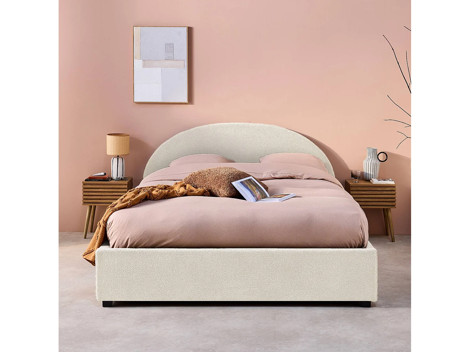 Lit coffre avec sommier à lattes et tête de lit. finition bouclette. blanc. L 206 x P 153.5 x H 102cm