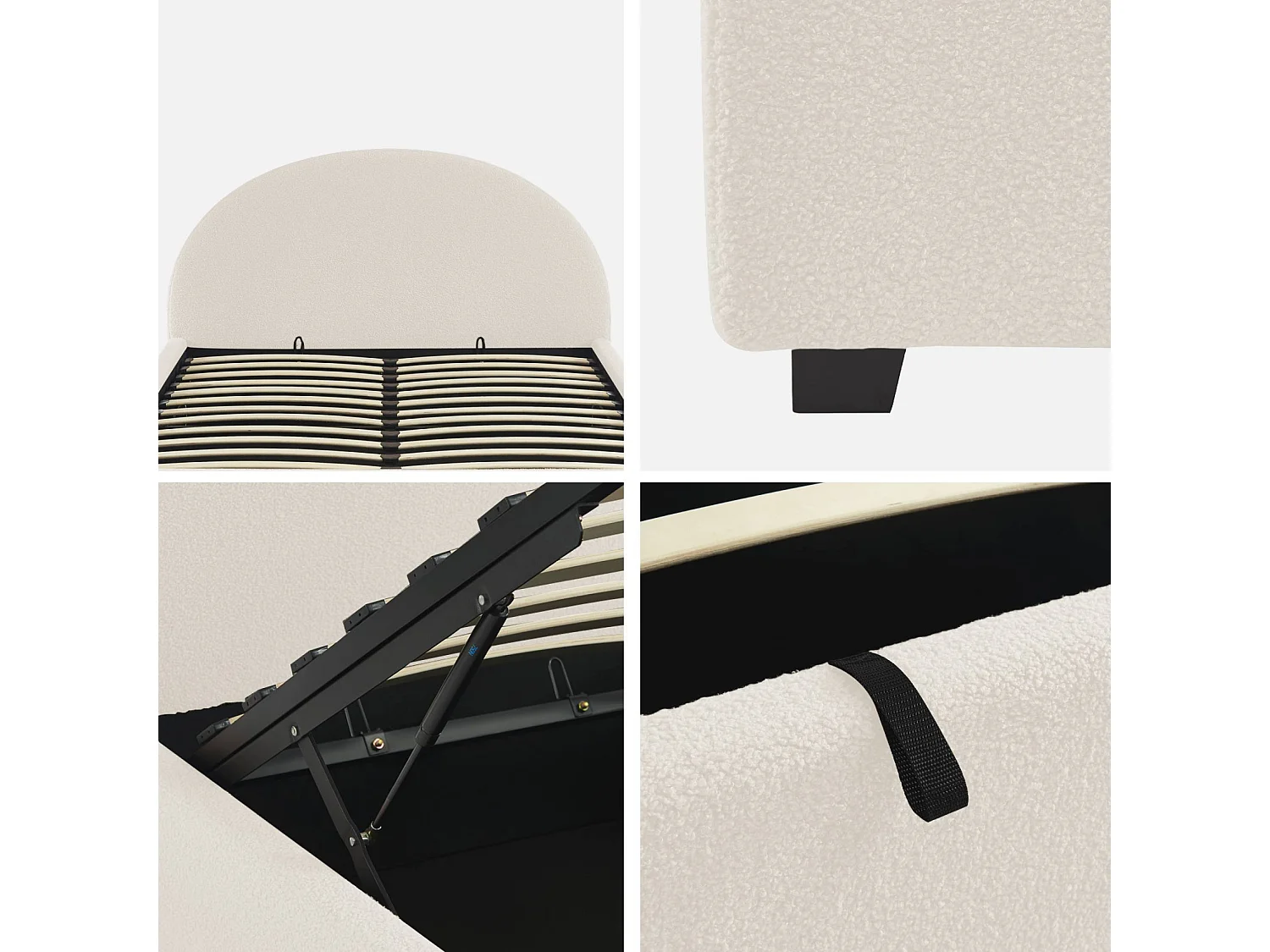 Lit coffre avec sommier à lattes et tête de lit. finition bouclette. blanc. L 206 x P 153.5 x H 102cm