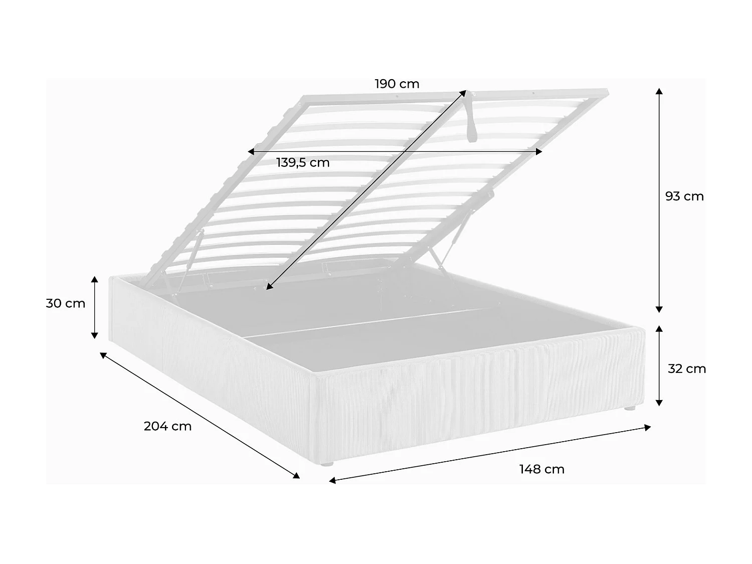 Cama con somier abatible y cabecero 140cm, acabado en pana fina blanco