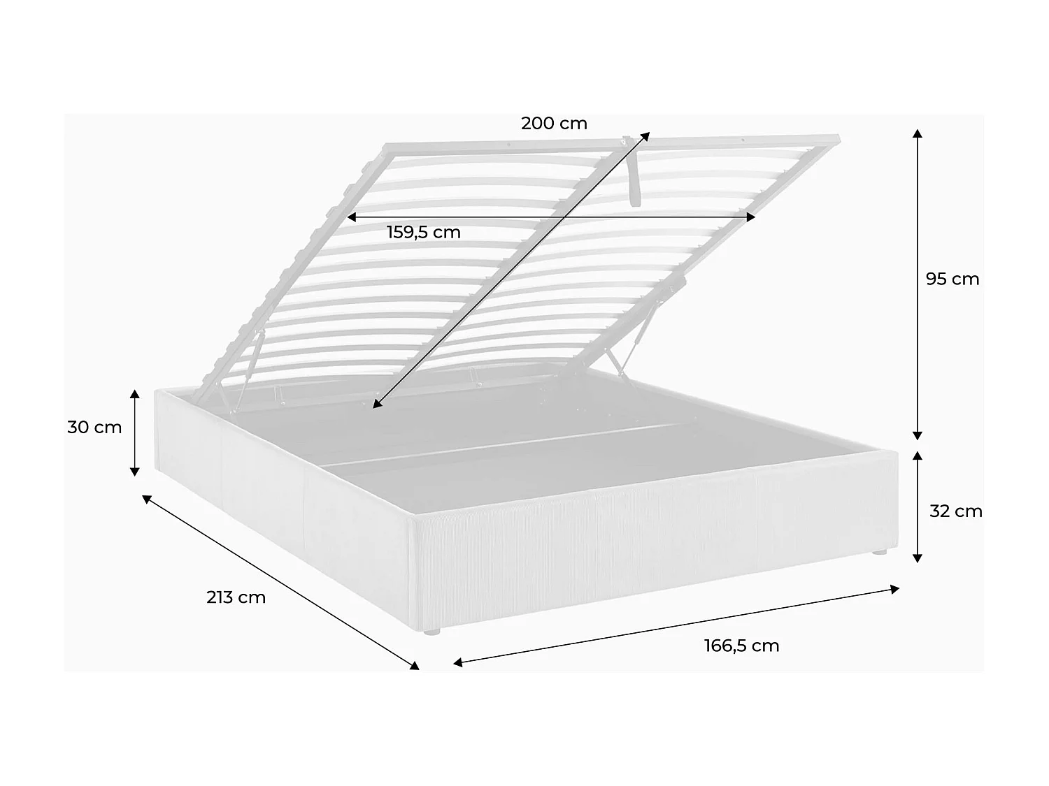 struttura letto con contenitore e rete a doghe 160cm, imbottita coste