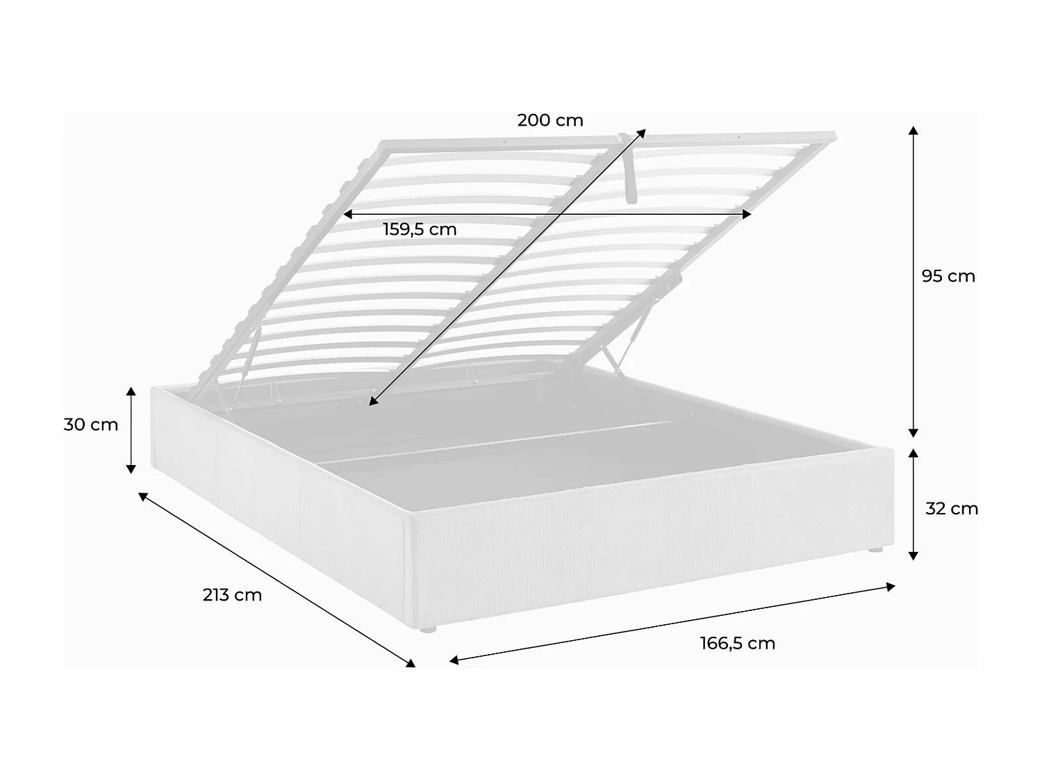 struttura letto con contenitore e rete a doghe 160cm, imbottita coste