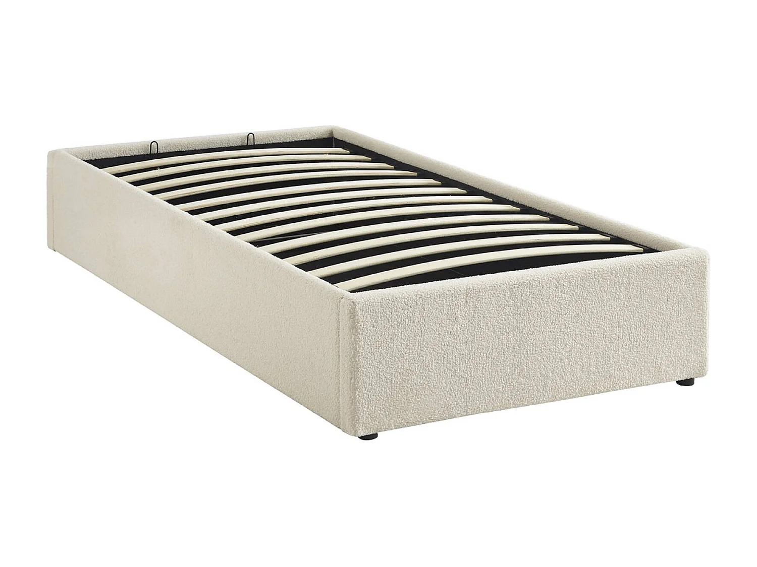 Lit coffre avec sommier à lattes. finition bouclette. blanc. L 203 x P 97 x H 32cm