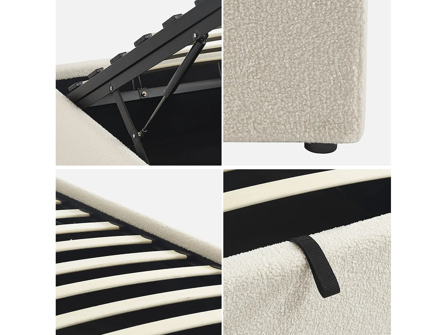 Lit coffre avec sommier à lattes. finition bouclette. blanc. L 203 x P 97 x H 32cm