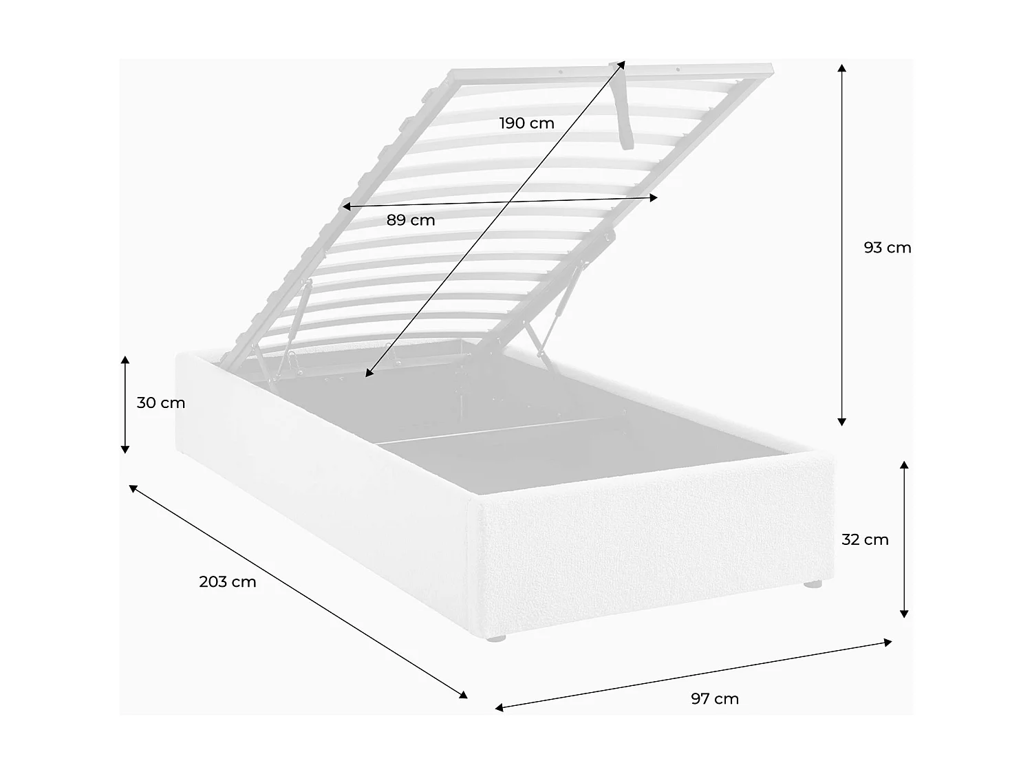 Lit coffre avec sommier à lattes. finition bouclette. blanc. L 203 x P 97 x H 32cm