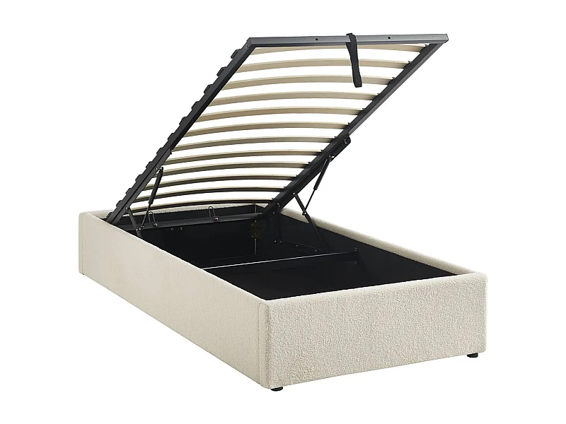 Lit coffre avec sommier à lattes. finition bouclette. blanc. L 203 x P 97 x H 32cm