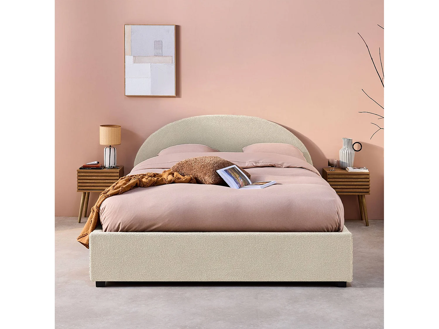 Struttura letto con contenitore e testiera 160cm, imbottita bouclé,