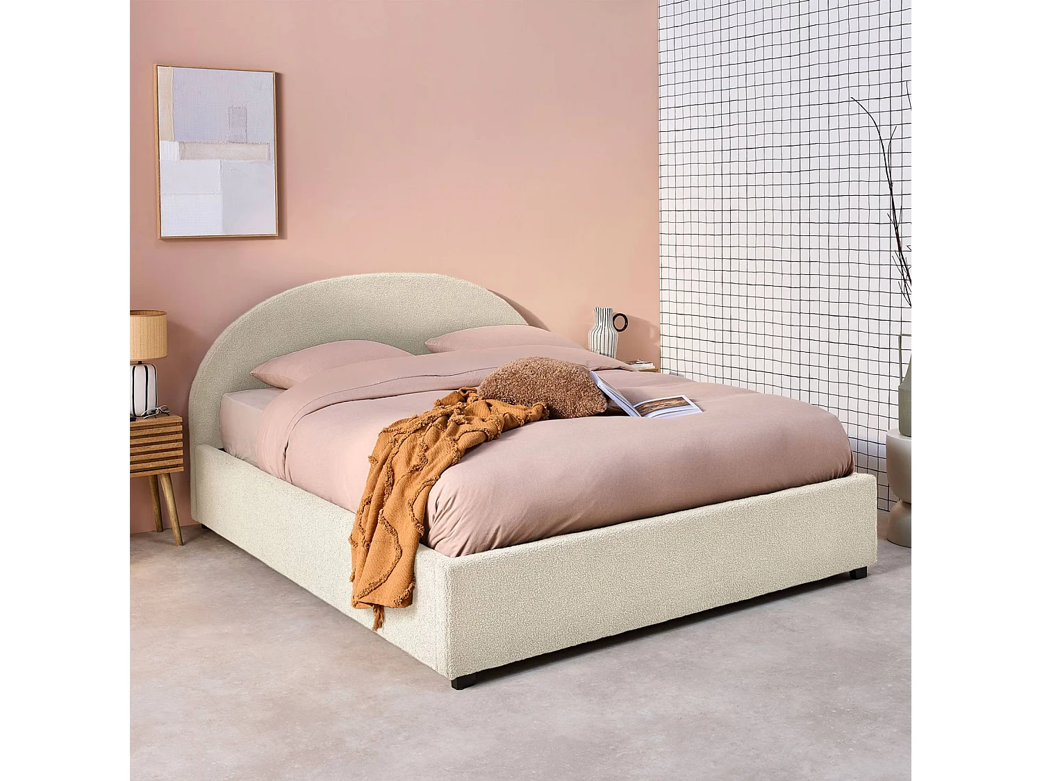 Struttura letto con contenitore e testiera 160cm, imbottita bouclé,