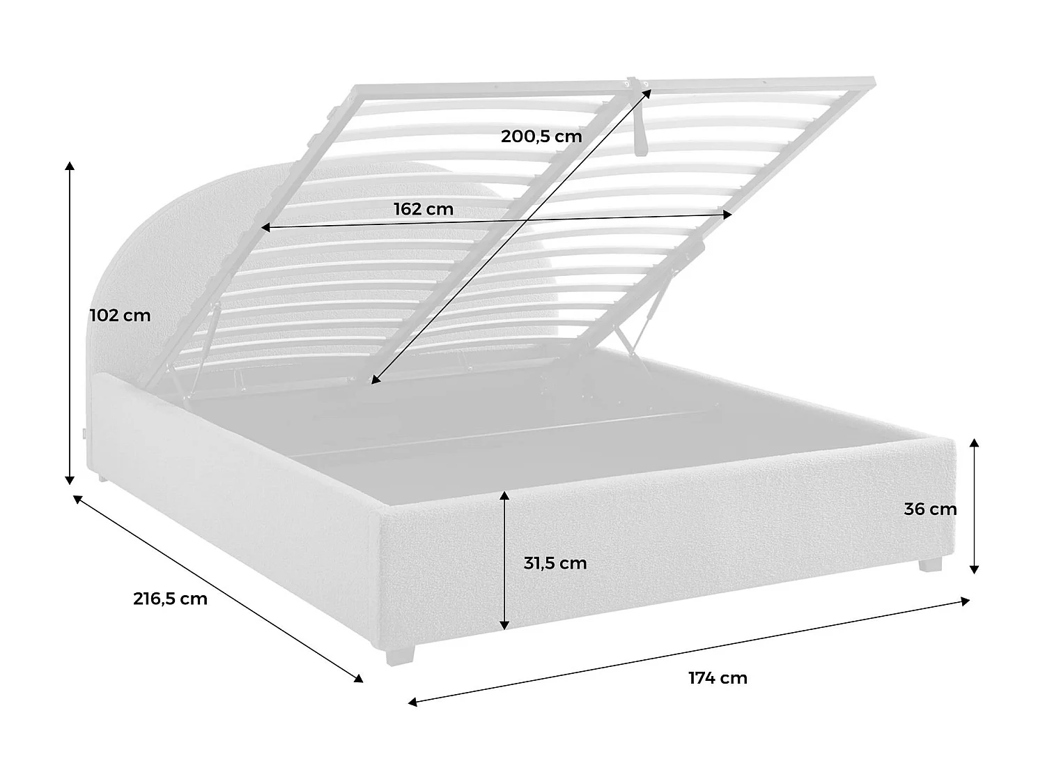 Cama con somier abatible y cabecero 160cm, acabado en borreguito
