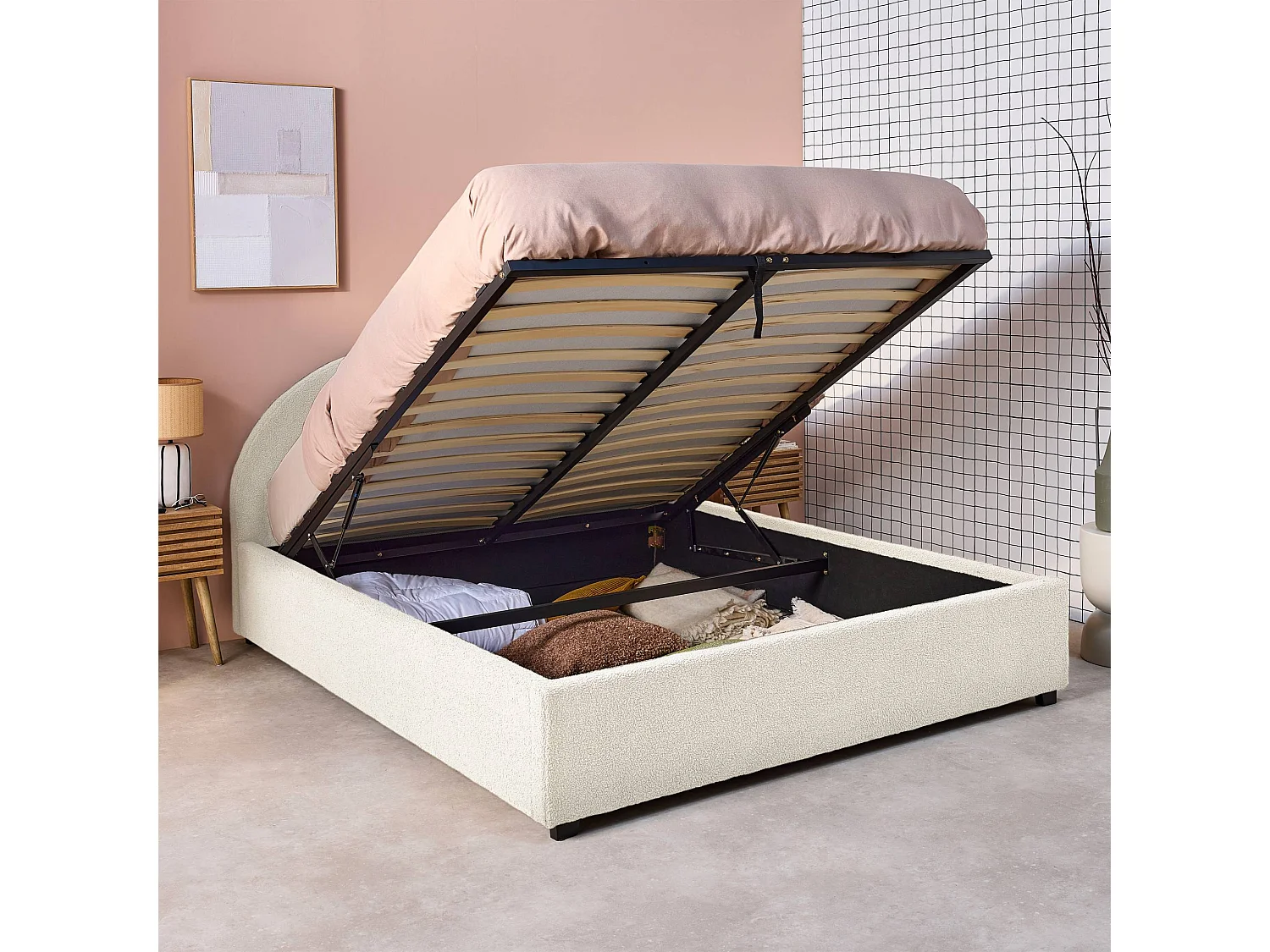 Cama con somier abatible y cabecero 160cm, acabado en borreguito