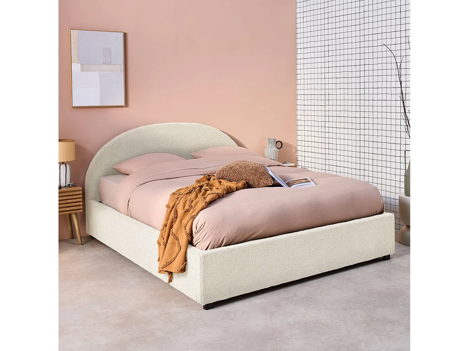 Cama con somier abatible y cabecero 160cm, acabado en borreguito