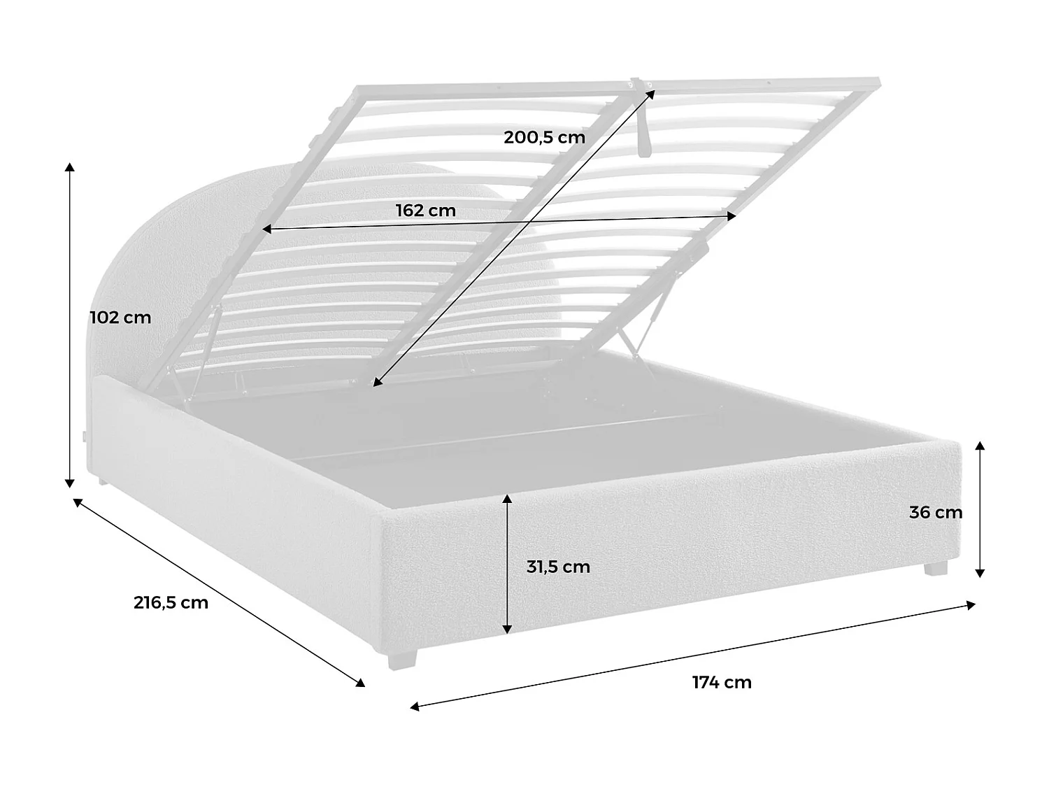 Cama con somier abatible y cabecero 160cm, acabado en borreguito