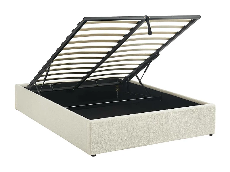 Lit coffre avec sommier à lattes. finition bouclette. blanc. L 204 x P 148 x H 32cm