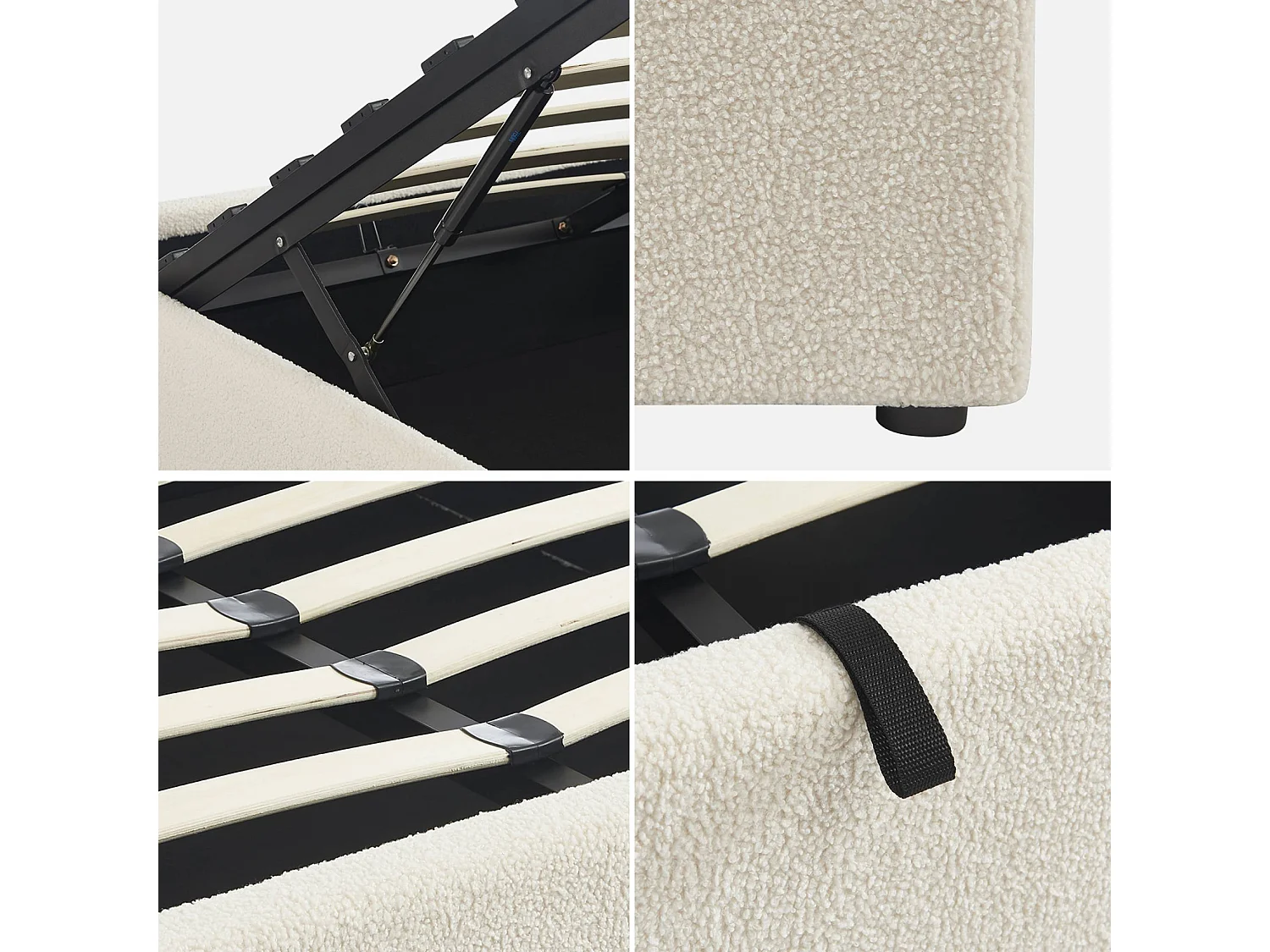 Lit coffre avec sommier à lattes. finition bouclette. blanc. L 204 x P 148 x H 32cm