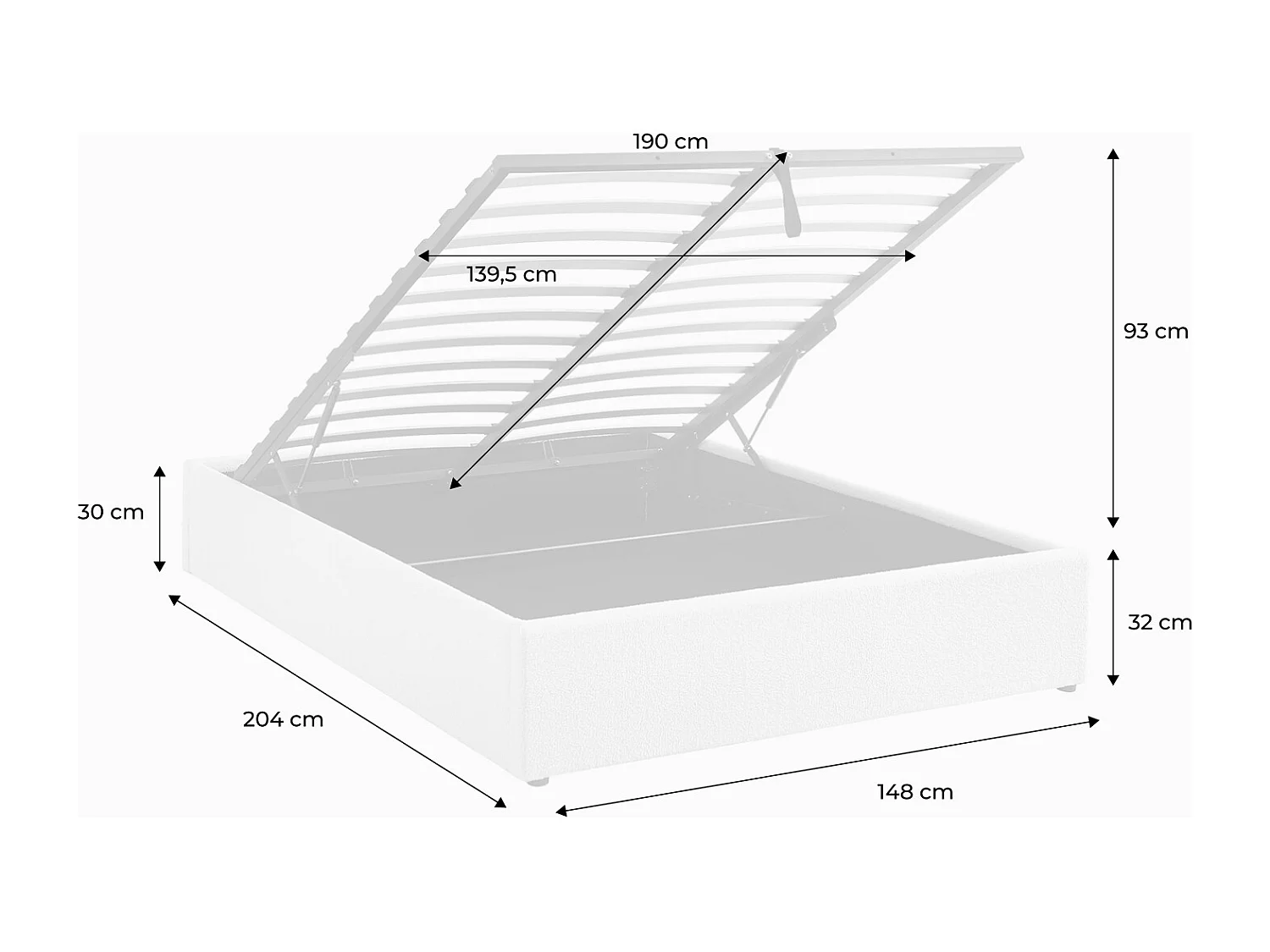 Lit coffre avec sommier à lattes. finition bouclette. blanc. L 204 x P 148 x H 32cm