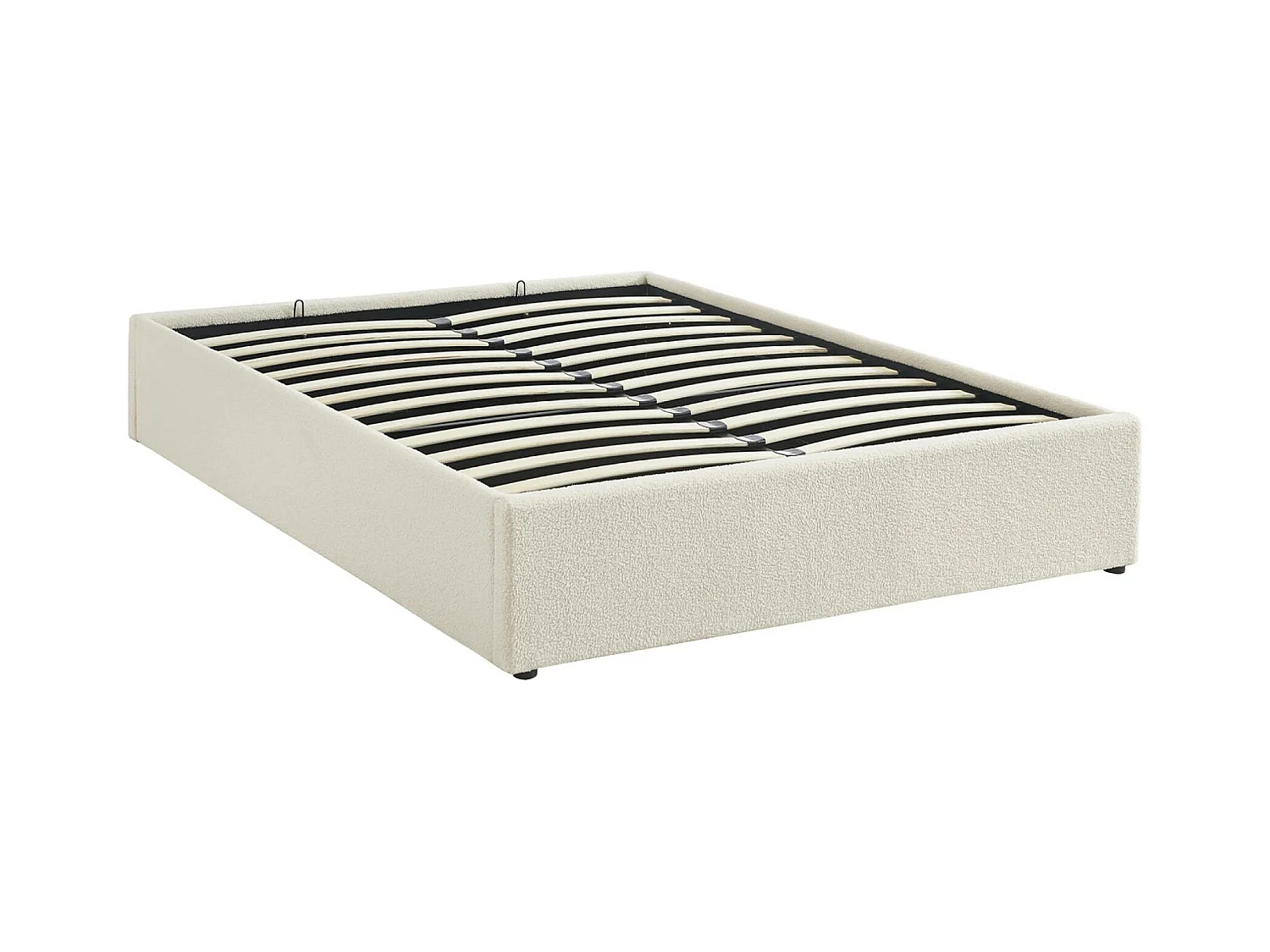 Struttura letto con contenitore e rete a doghe, imbottita bouclé