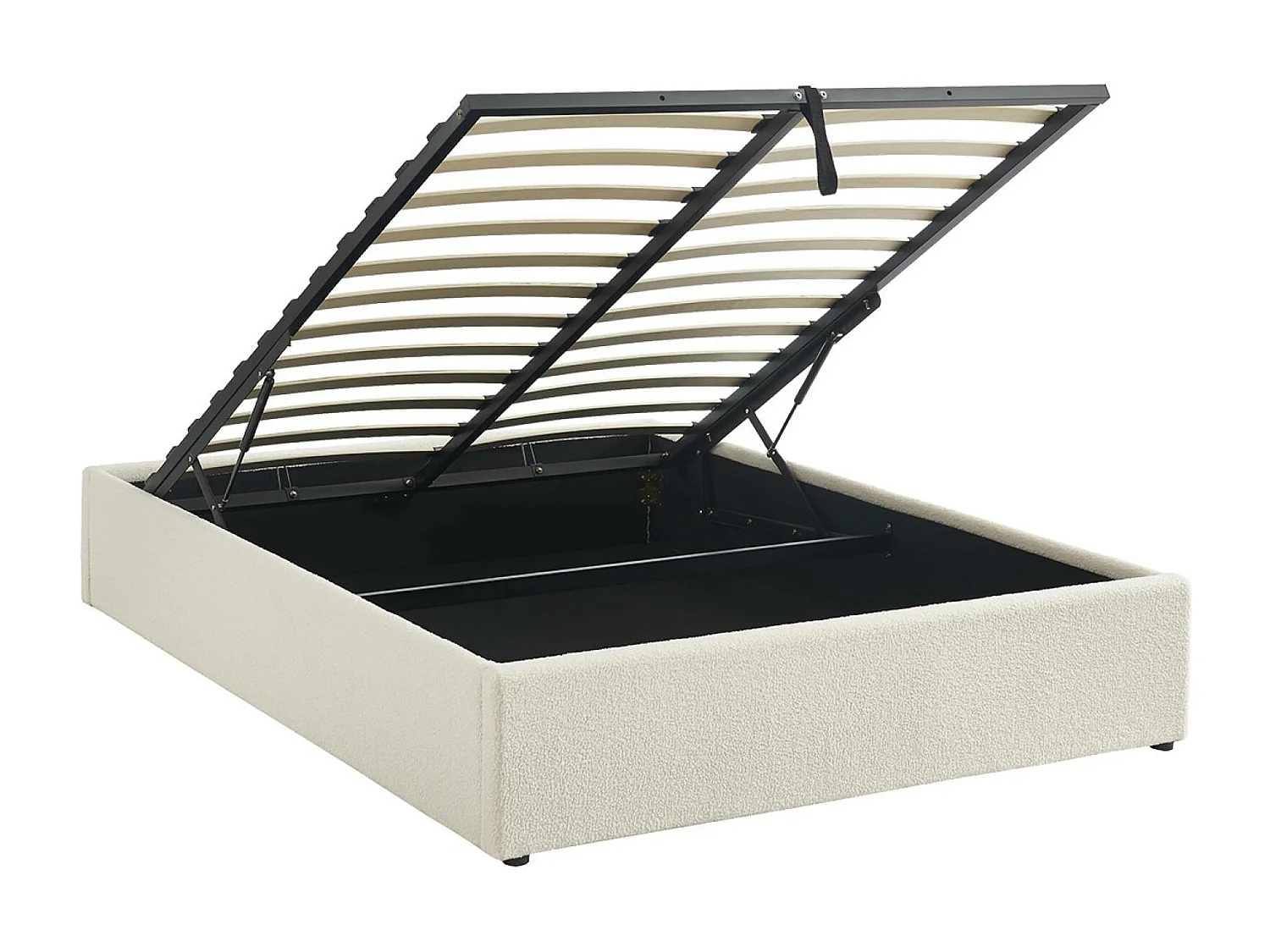 Struttura letto con contenitore e rete a doghe, imbottita bouclé