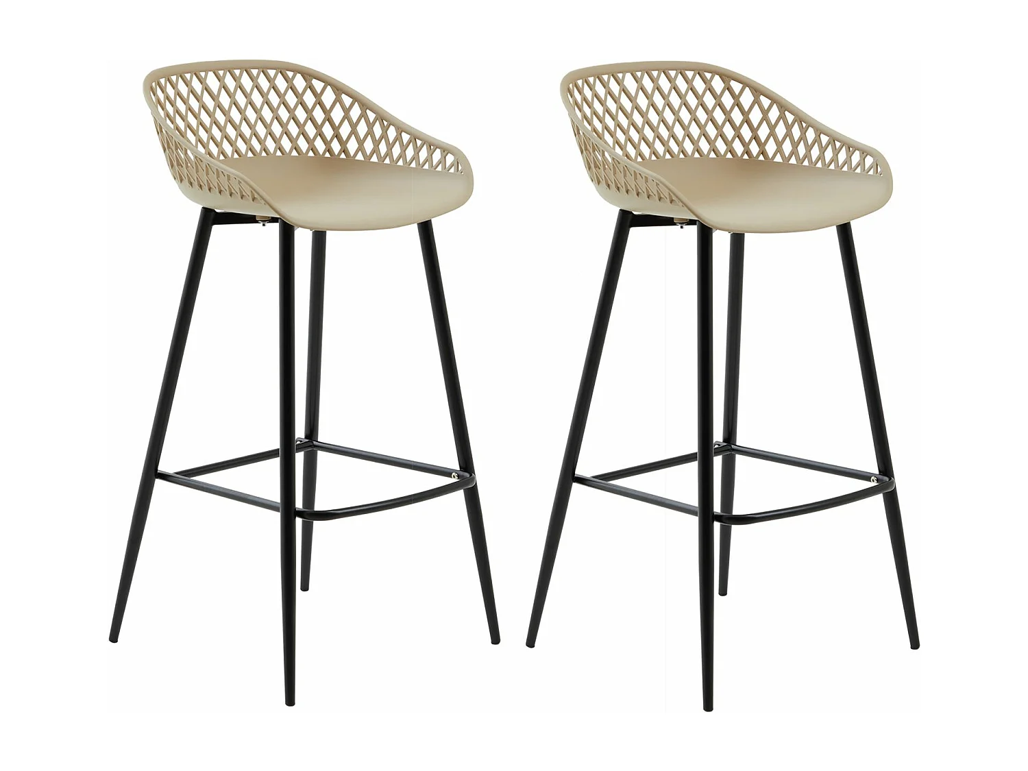 Lot de 2 tabourets de bar IREK chaise haute pour cuisine ou comptoir au design retro, en plastique beige et métal noir