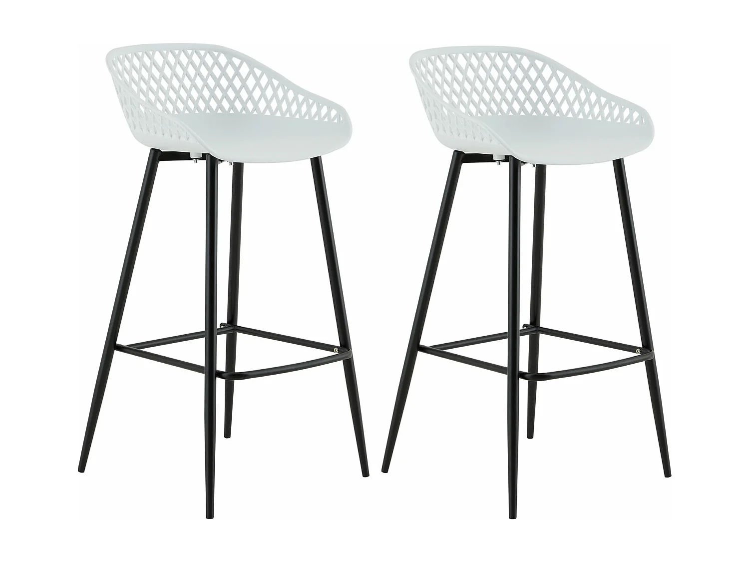 Lot de 2 tabourets de bar IREK chaise haute cuisine ou comptoir, en plastique blanc et métal noir, hauteur d'assise 75 cm