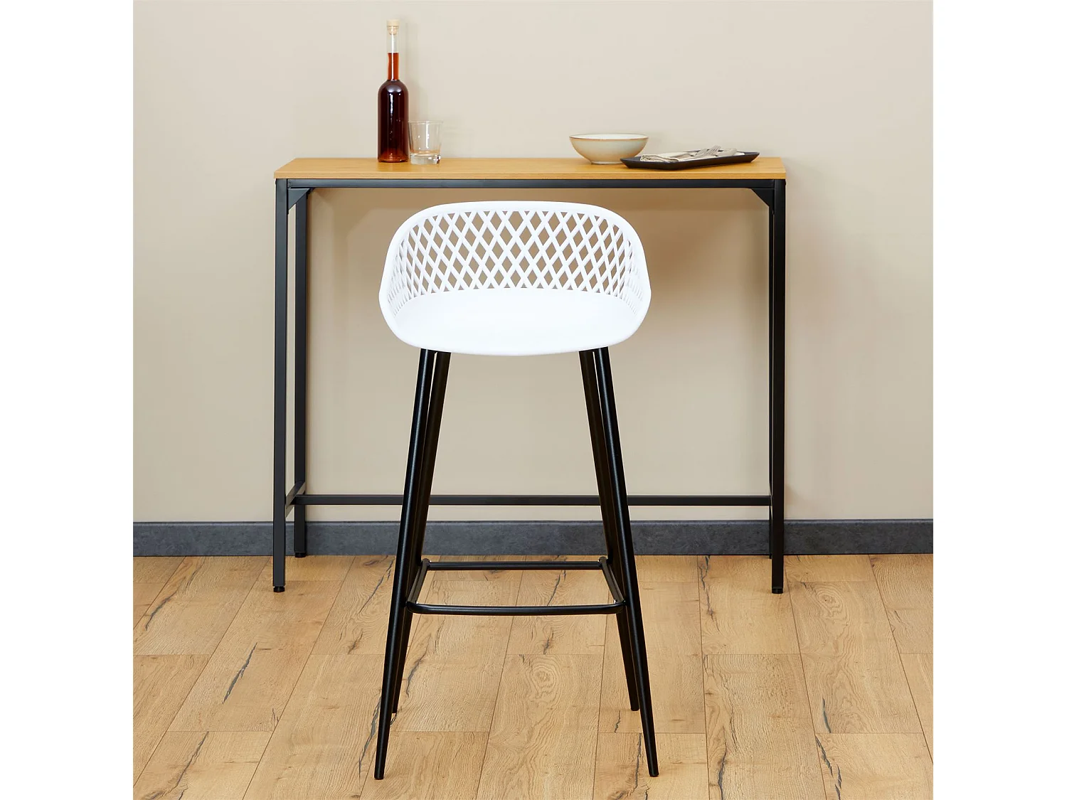 Lot de 2 tabourets de bar IREK chaise haute cuisine ou comptoir, en plastique blanc et métal noir, hauteur d'assise 75 cm