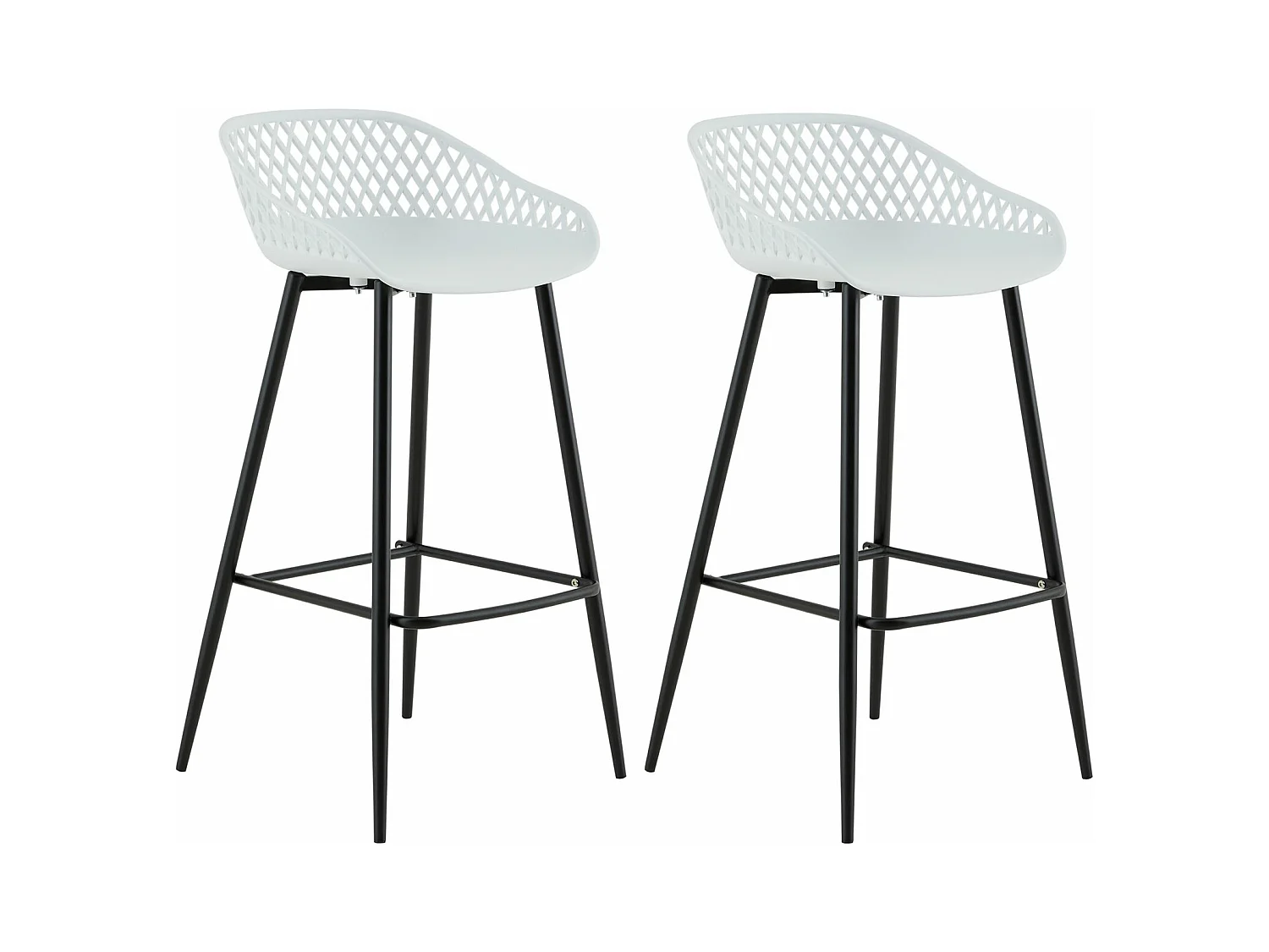 Lot de 2 tabourets de bar IREK chaise haute cuisine ou comptoir, en plastique blanc et métal noir, hauteur d'assise 75 cm