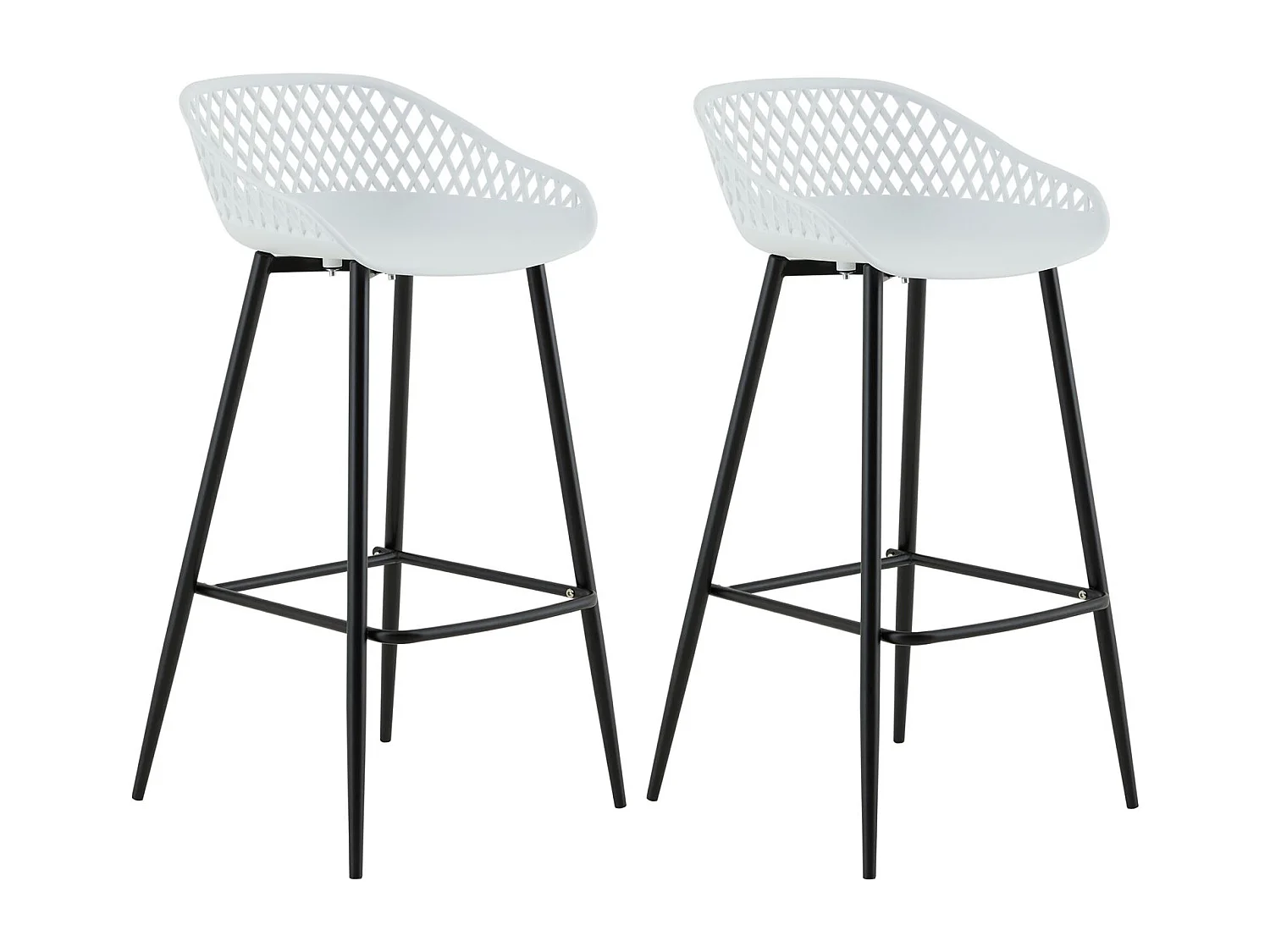 Lot de 2 tabourets de bar IREK chaise haute cuisine ou comptoir, en plastique blanc et métal noir, hauteur d'assise 75 cm