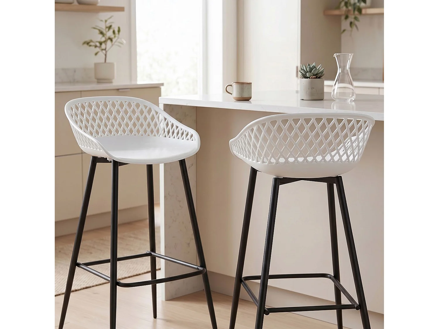 Lot de 2 tabourets de bar IREK chaise haute cuisine ou comptoir, en plastique blanc et métal noir, hauteur d'assise 75 cm