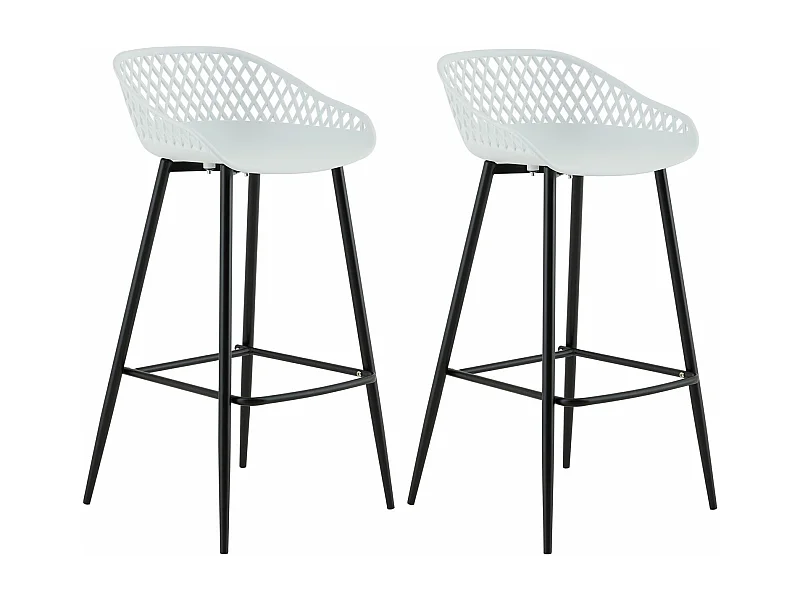 Lot de 2 tabourets de bar IREK chaise haute cuisine ou comptoir, en plastique blanc et métal noir, hauteur d'assise 75 cm