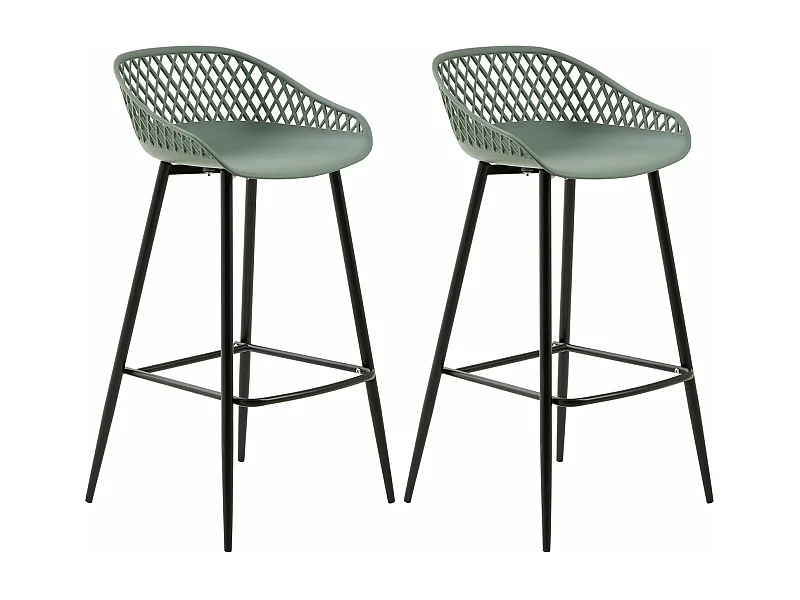 Lot de 2 tabourets de bar IREK chaise haute pour cuisine ou comptoir au design retro, en plastique vert de gris et métal noir