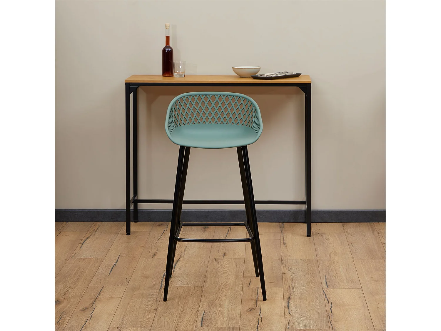 Lot de 2 tabourets de bar IREK chaise haute pour cuisine ou comptoir au design retro, en plastique vert de gris et métal noir