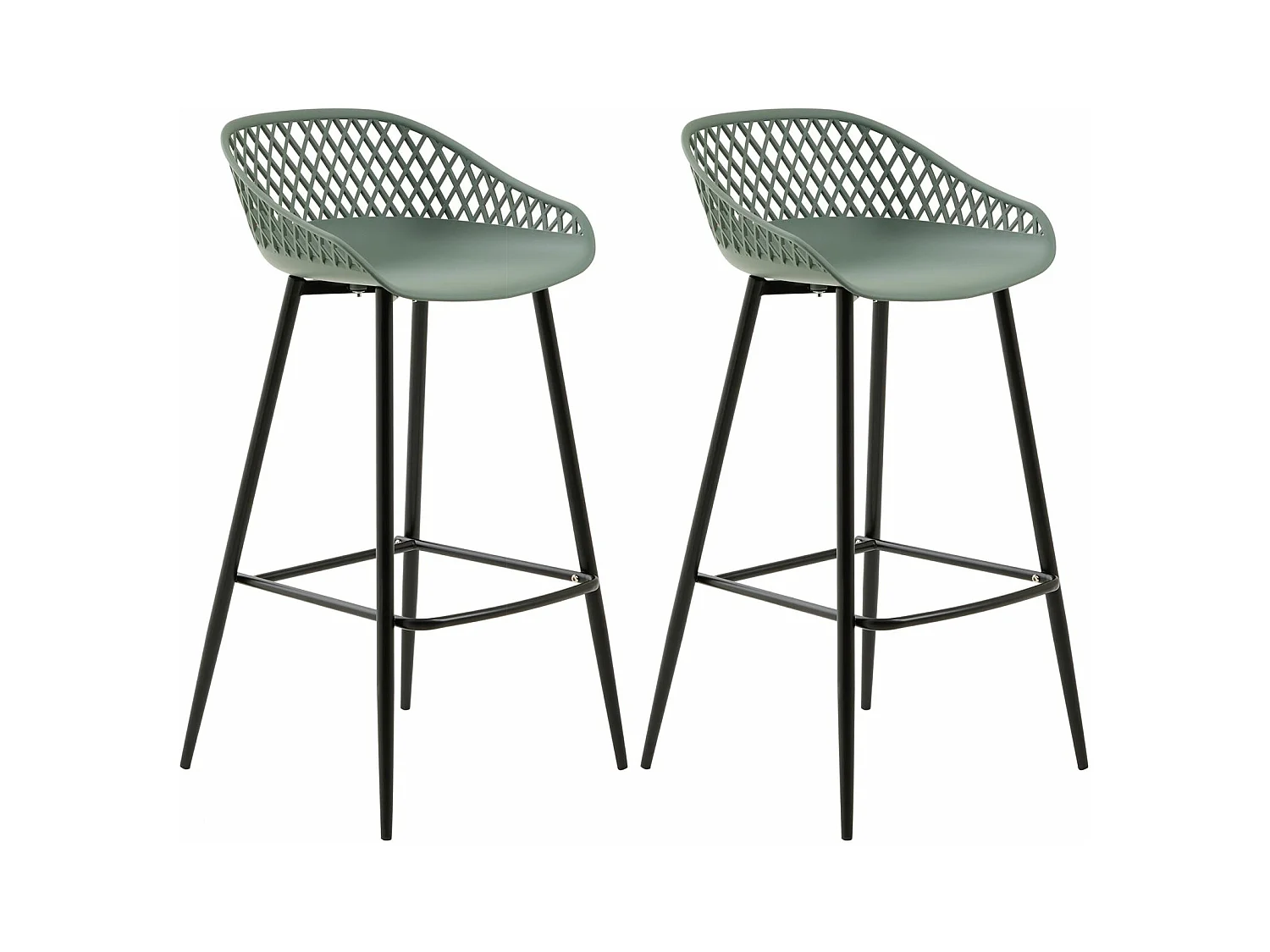 Lot de 2 tabourets de bar IREK chaise haute pour cuisine ou comptoir au design retro, en plastique vert de gris et métal noir