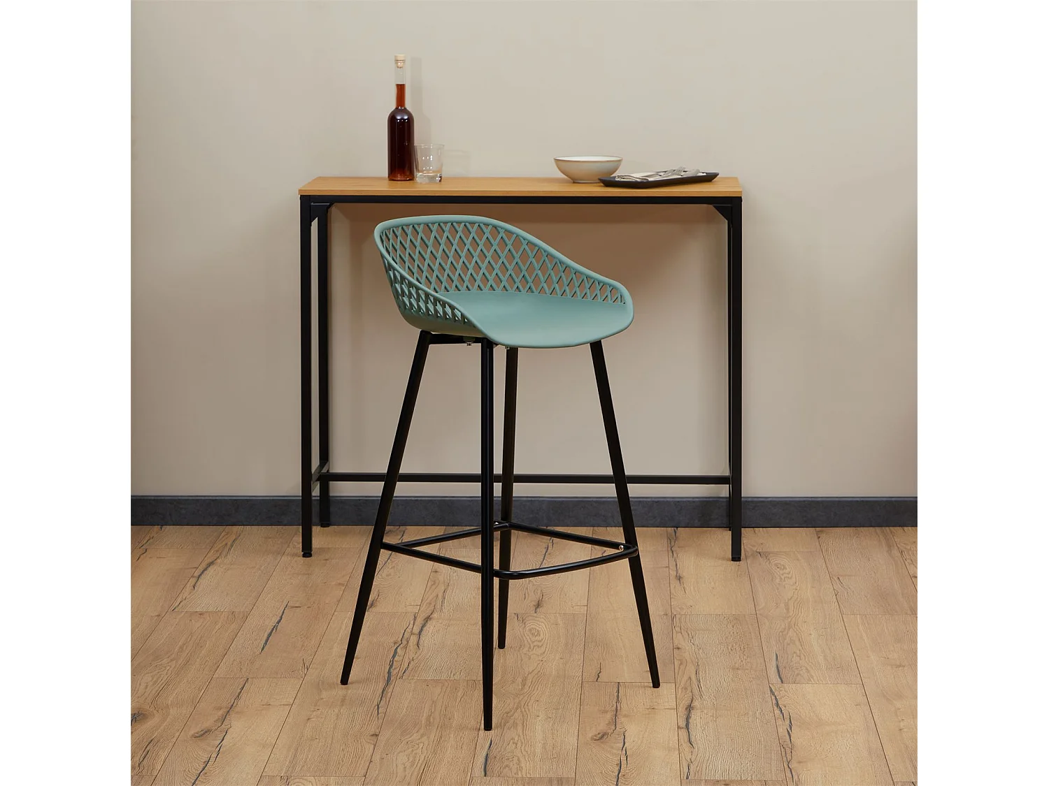 Lot de 2 tabourets de bar IREK chaise haute pour cuisine ou comptoir au design retro, en plastique vert de gris et métal noir