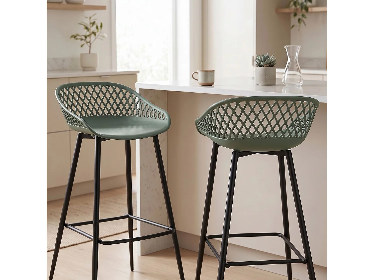 Lot de 2 tabourets de bar IREK chaise haute pour cuisine ou comptoir au design retro, en plastique vert de gris et métal noir