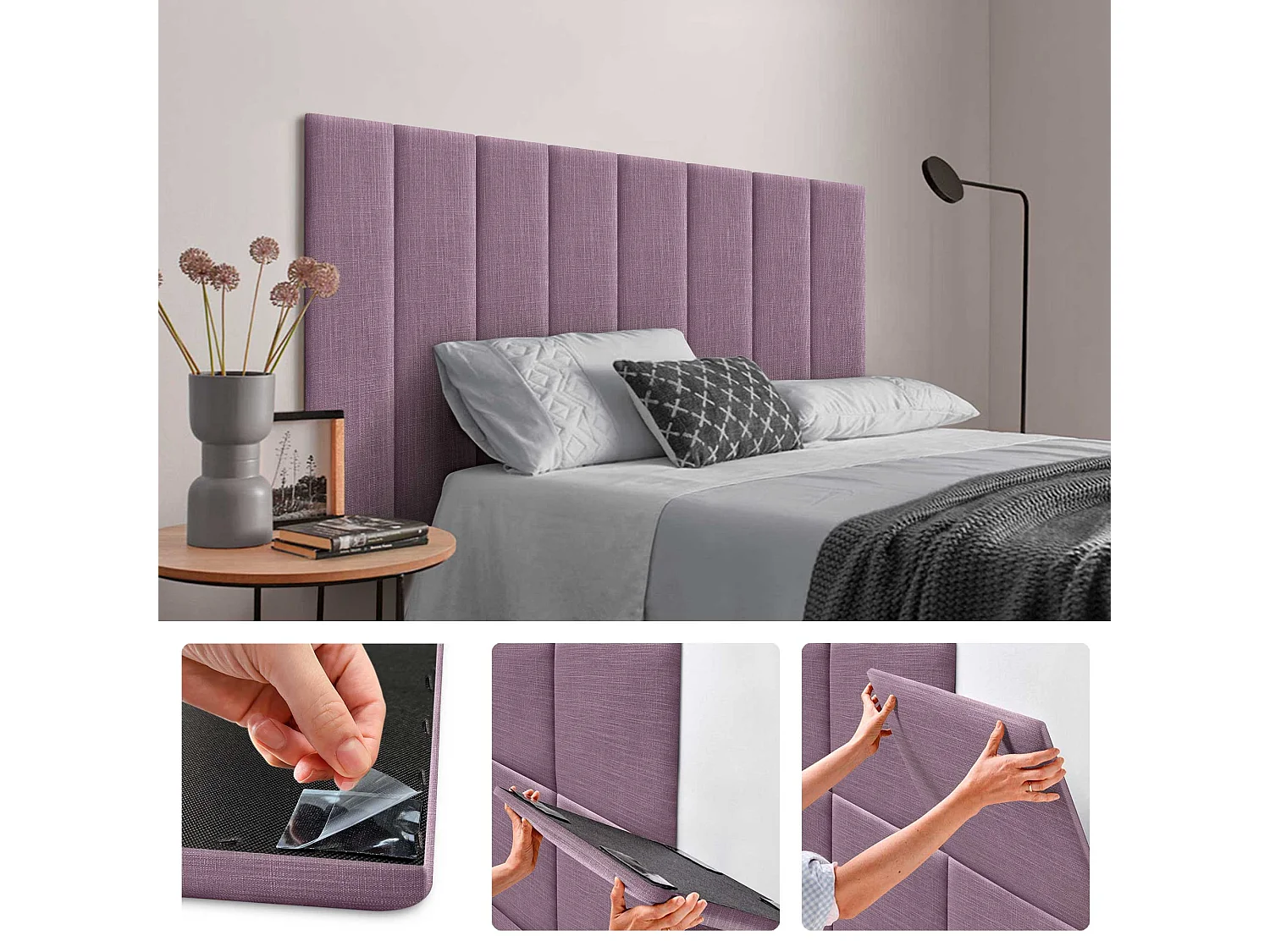 DHOME Ensemble de 6 Panneaux muraux en lin autocollants, absorption acoustique, protection contre les chocs et Têtes de Lit (Lilas, 60x30cm, x6)