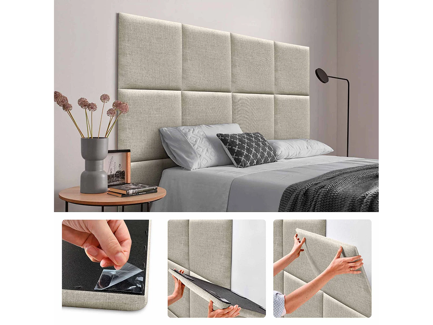 DHOME Ensemble de 1 Panneau mural en lin autocollant, absorption acoustique, protection contre les chocs et têtes de lit (Beige, 60x60cm, x1)