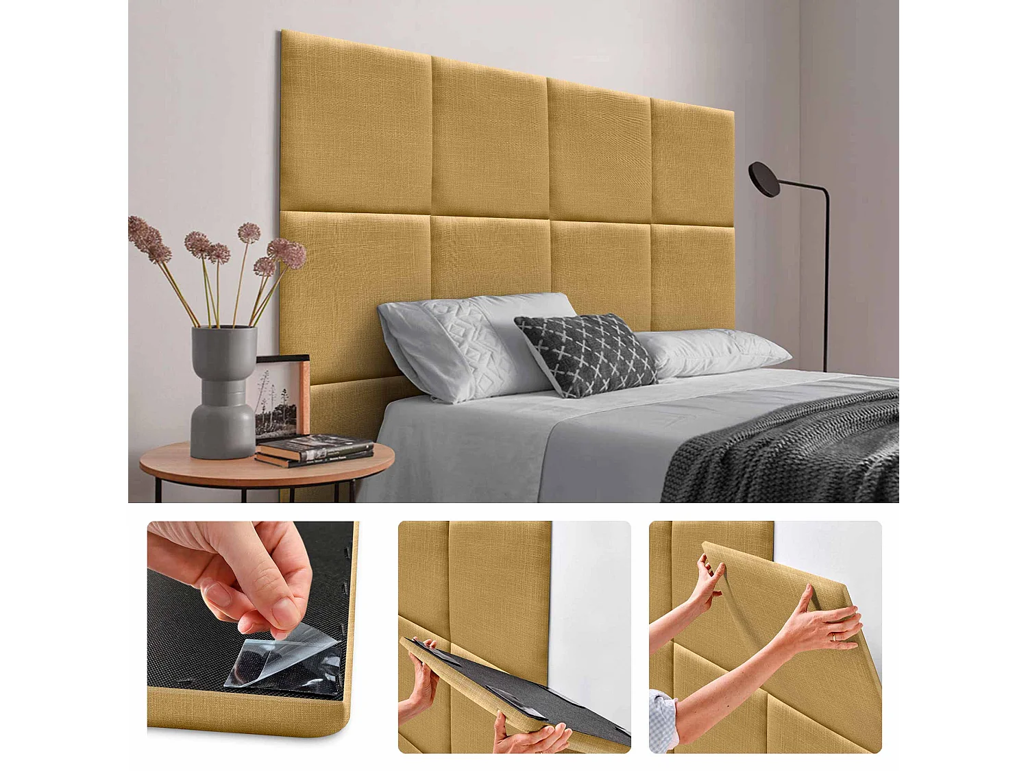 DHOME Conjunto de 1 Painel Estofado em Linho Pack Autoadesivo para Parede Acústico Absorvente Proteção contra Impactos (Mostarda, 60x60cm, x1)