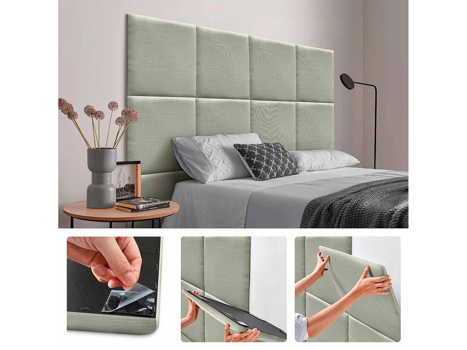 DHOME Ensemble de 1 Panneau mural en lin autocollant, absorption acoustique, protection contre les chocs et têtes de lit (Vert, 60x60cm, x1)