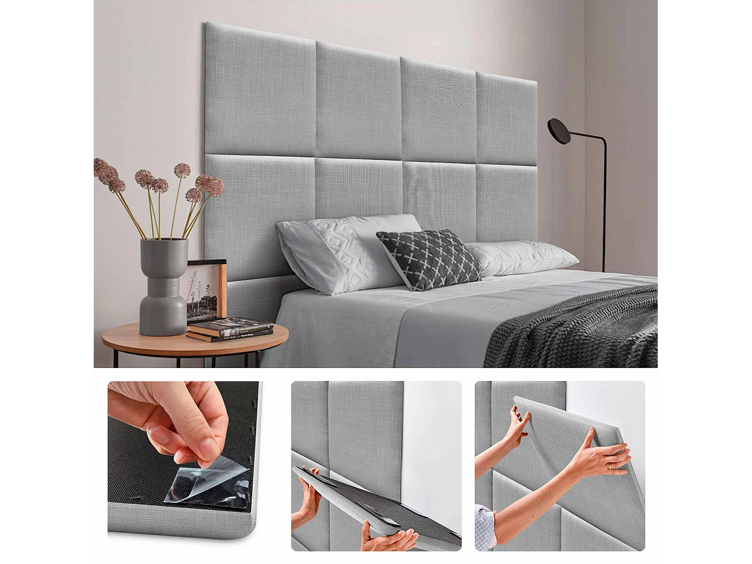 DHOME Ensemble de 6 Panneaux muraux en lin autocollants, absorption acoustique, protection contre les chocs et Têtes de Lit (Gris Clair, 60x60cm, x6)