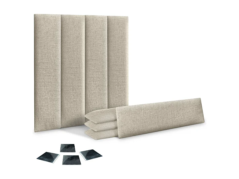 DHOME Set van 8 gestoffeerde linnen panelen – Zelfklevende wandpanelen, geluidsabsorberend, schokbescherming, hoofdbord (Beige, 60x20cm, x8)