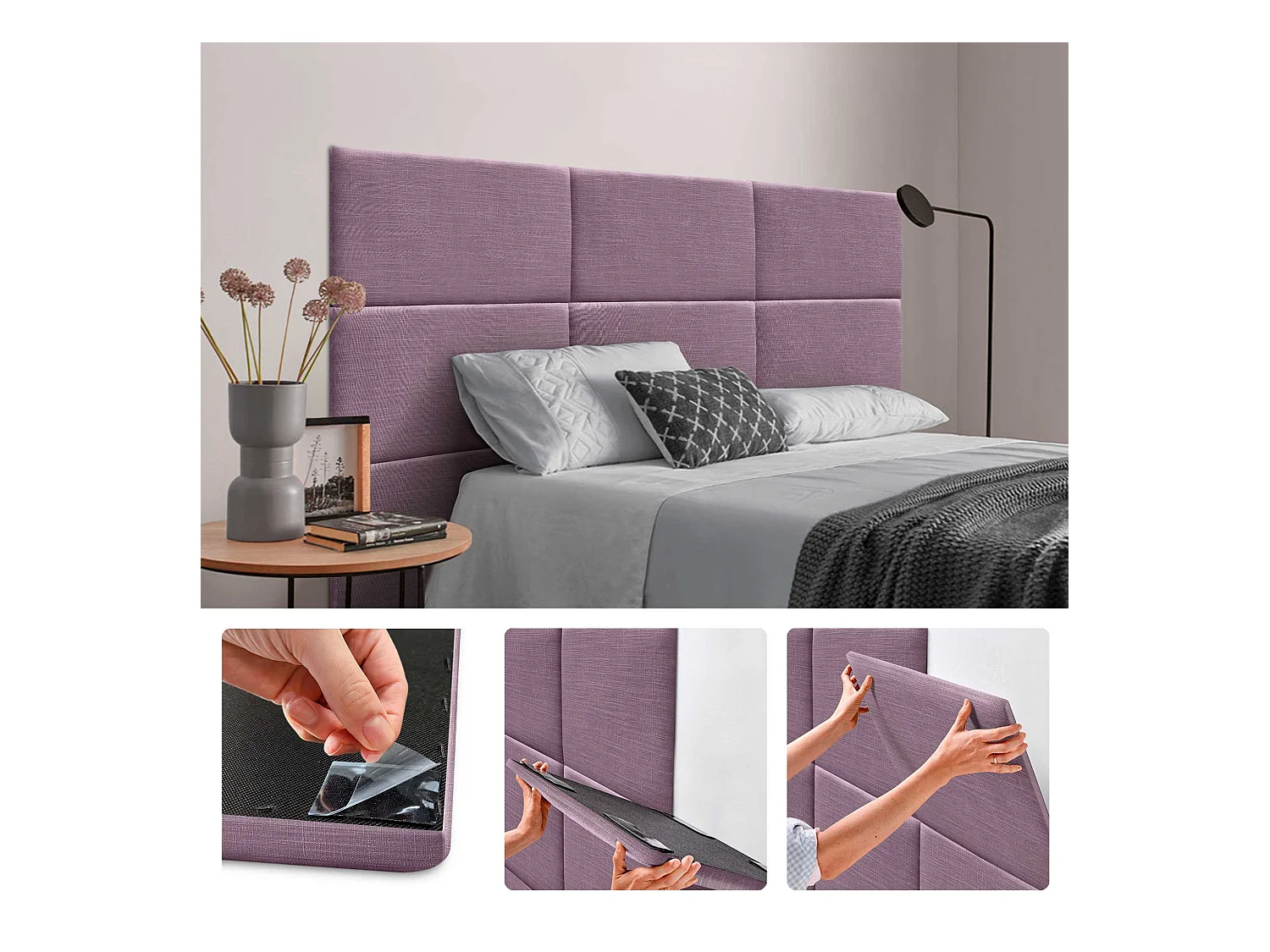 DHOME Ensemble de 6 Panneaux muraux en lin autocollants, absorption acoustique, protection contre les chocs et Têtes de Lit (Lilas, 50x30cm, x6)