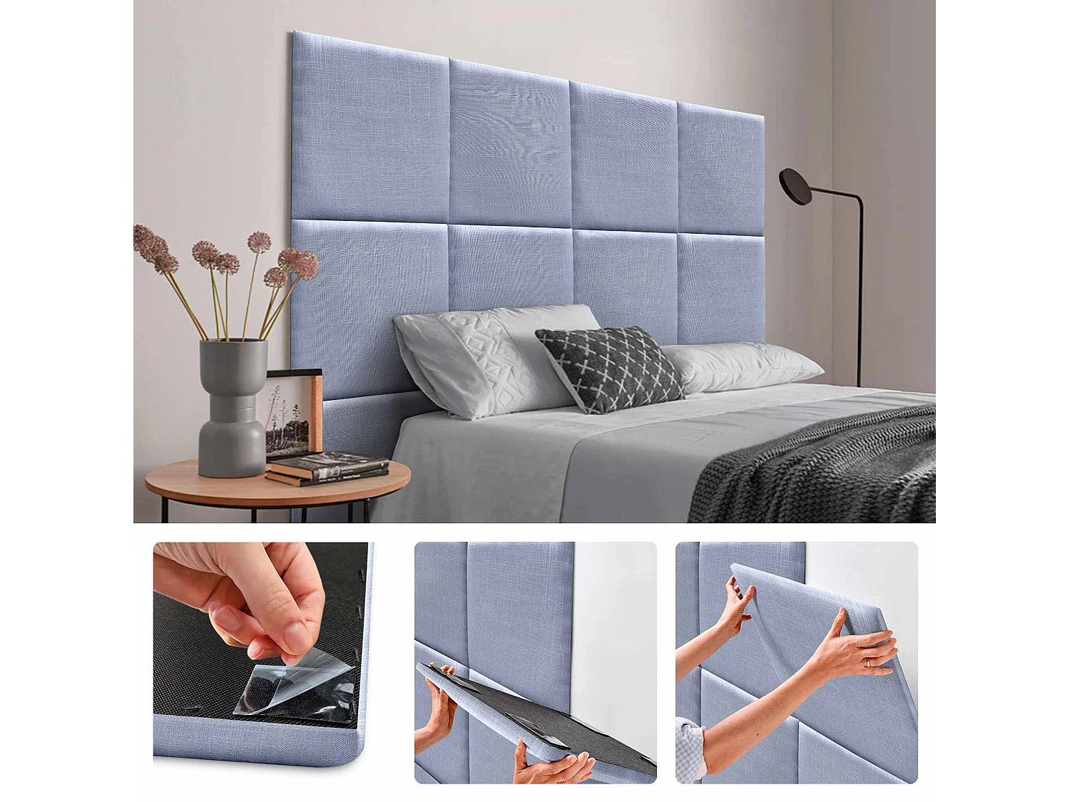 DHOME Ensemble de 8 Panneaux muraux en lin autocollants, absorption acoustique, protection contre les chocs et Têtes de Lit (Bleu, 60x60cm, x8)