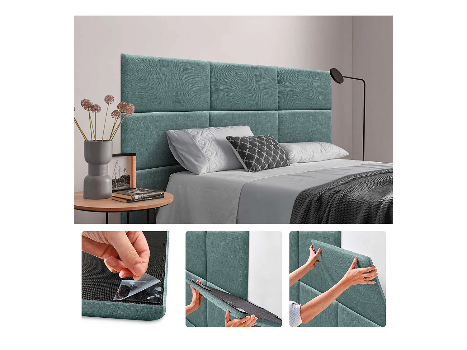 DHOME Ensemble de 6 Panneaux muraux en lin autocollants, absorption acoustique, protection contre les chocs et Têtes de Lit (Turquoise, 50x40cm, x6)