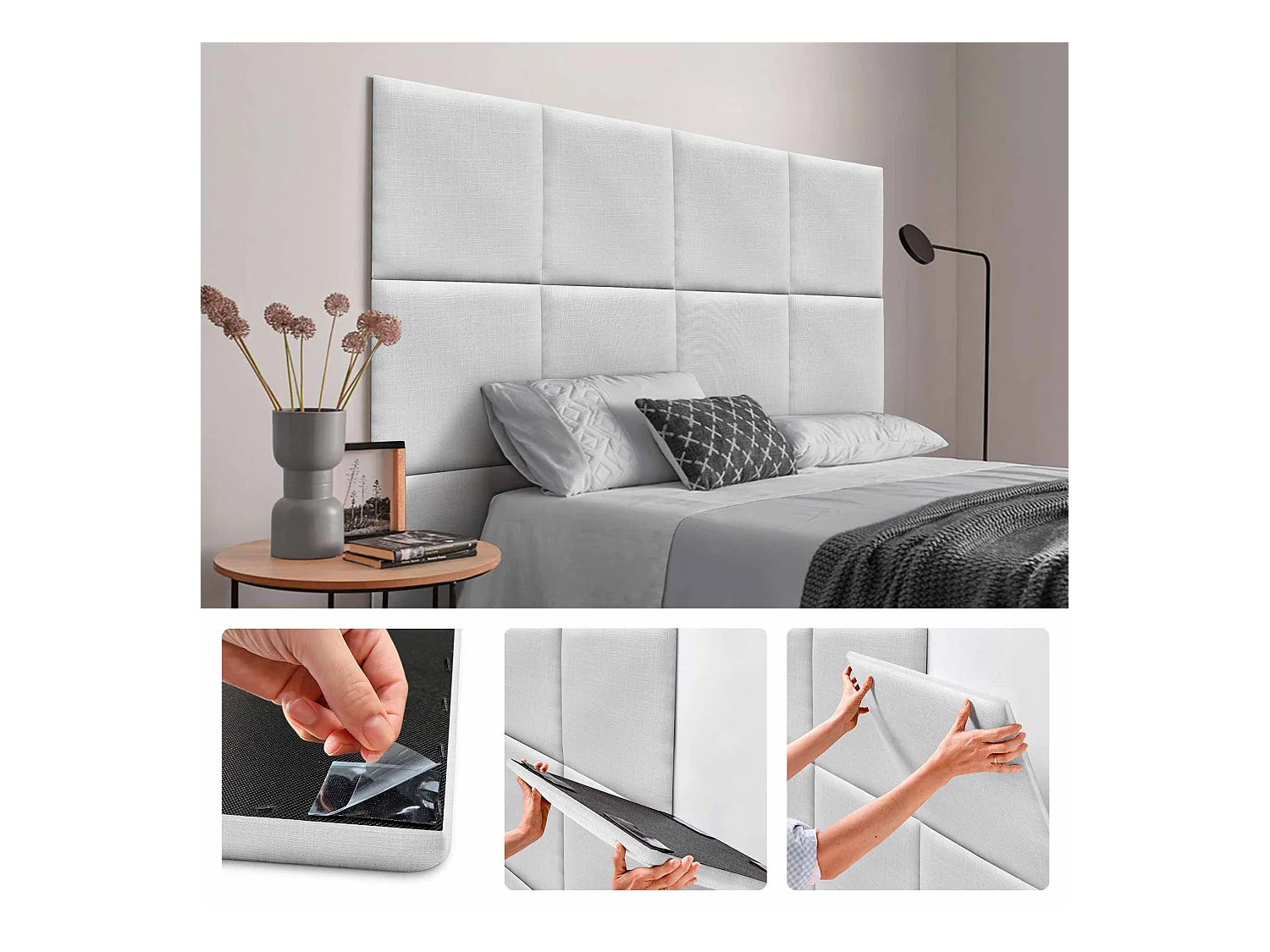 DHOME Ensemble de 8 Panneaux muraux en lin autocollants, absorption acoustique, protection contre les chocs et Têtes de Lit (Blanc, 50x50cm, x8)