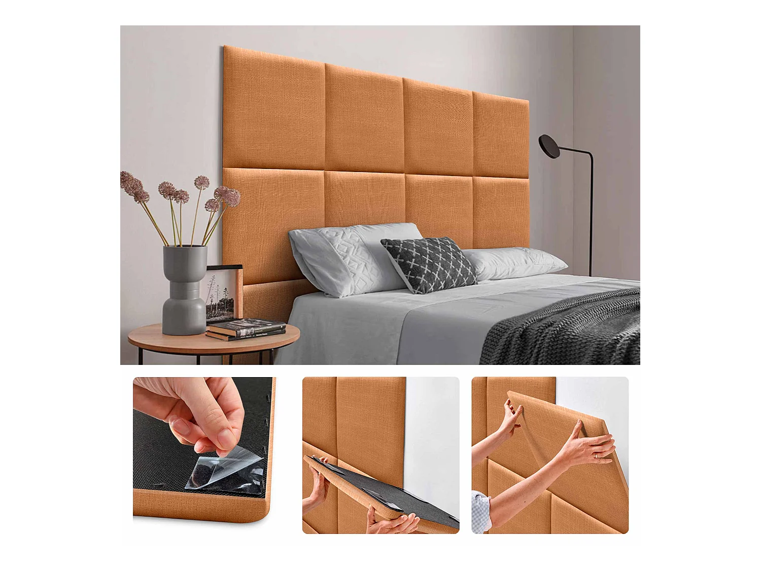 DHOME Ensemble de 6 Panneaux muraux en lin autocollants, absorption acoustique, protection contre les chocs et Têtes de Lit (Orange, 50x50cm, x6)