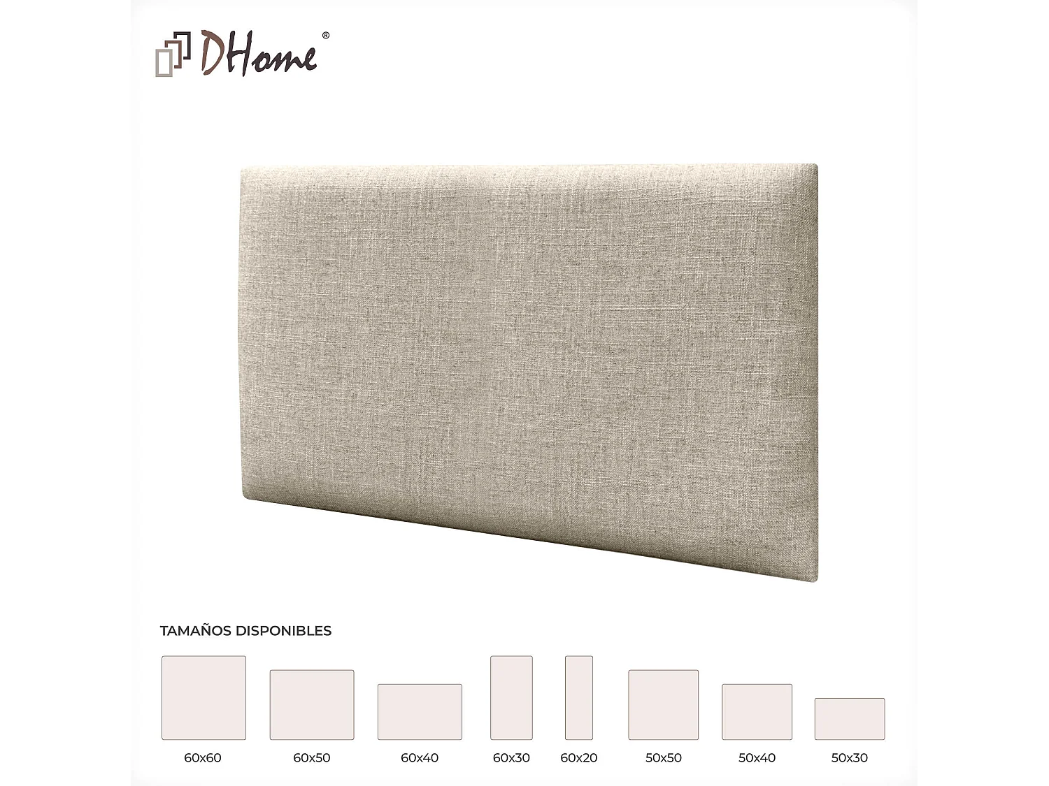 DHOME Set aus 1 mit Leinen gepolsterten selbstklebenden Paneel für Wände - Schallabsorbierend, Stoßschutz, Kopfteil-Dekoration (Beige, 60x50cm, x1)